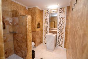 卡瓦拉Amina Hanem Boutique Apartments的带淋浴和卫生间的浴室