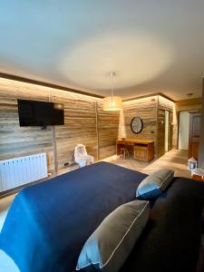 卢里西亚HOTEL LE FONTI的一间卧室配有一张带蓝色毯子的大床