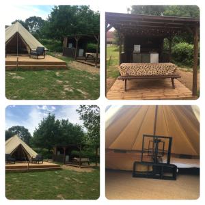 ChaumontLe Petit Chaumont Ecolodge的一张帐篷和一张田野长凳的四张照片