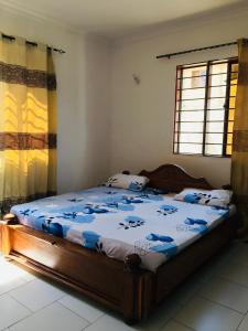 达累斯萨拉姆Mikocheni Home stay的一间卧室配有一张带蓝色棉被的床