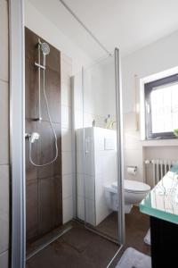 韦斯特尔堡Ferienwohnung Wäller Sonnenschein的带淋浴、卫生间和盥洗盆的浴室