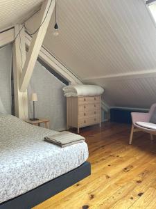 克莱蒙费朗La Maison Blatin的卧室配有1张床、1张桌子和1把椅子