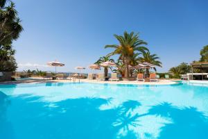 欧拉努波利斯鹰之宫酒店的一座棕榈树和遮阳伞的大型游泳池