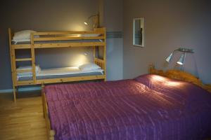 HejdeHejdebo Vandrarhem的一间卧室配有双层床和一张带紫色毯子的床。