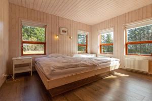 雷克霍特Gorgeous Riverside Lodge in the South of Iceland的一间卧室设有一张大床和两个窗户。
