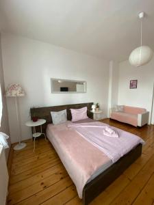 拉贝河畔乌斯季Ubytování Stará的一间卧室配有一张带粉色毯子的大床