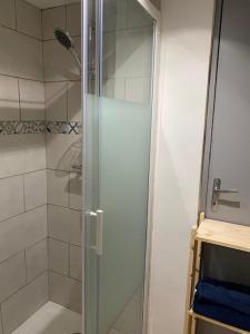索米耶尔Charmant studio à 2 pas du centre historique的浴室里设有玻璃门淋浴