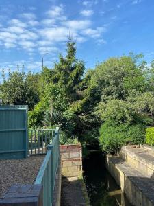 埃文河畔斯特拉特福Stratford Upon Avon Pearl的一个带围栏、树木和池塘的花园