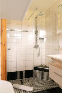 BoblitzFerienhaus Leo的浴室里设有玻璃门淋浴
