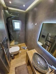 萨罗尼扎''Stergiou Luxury Apartment 2nd Floor'' με κοινη πισινα的一间带水槽、卫生间和镜子的浴室
