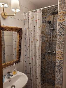 斯塔雷朱奇Uroczysko Skomackie的浴室配有淋浴帘和盥洗盆。