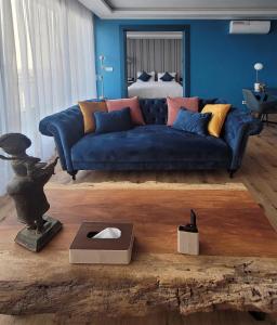 阿比让Appartements Lamblin的客厅配有蓝色沙发,设有床