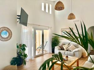 苏昂博Villa Ona的带沙发和盆栽植物的客厅