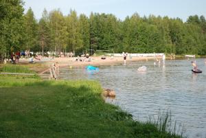PyhäjärviEmolahti Camping的一群人在海滩上玩水
