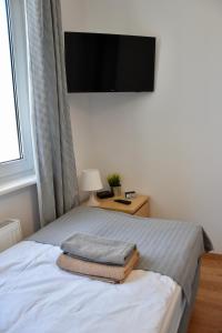 科宁Nest Centrum Konin的卧室配有一张床铺,墙上配有电视