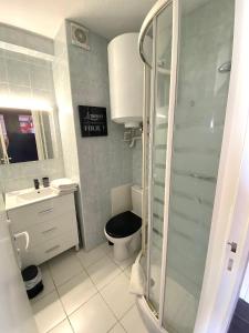 阿格德角Studio Héliopolis L Village Naturiste的浴室配有卫生间、盥洗盆和淋浴。
