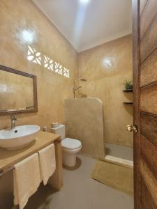 南威Siri Beach Lodge的一间带水槽、卫生间和淋浴的浴室