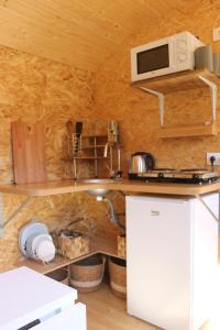 FloreffeLa Roulotte Viticole - sauna - toilette sèche的一间带柜台和微波炉的小厨房