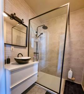 弗尔内Maison Noordburg Veurne的一间带水槽和玻璃淋浴的浴室