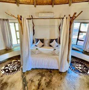 卡图Gamagara Africa Private Nature Reserve的窗户客房内的一张带天蓬的床