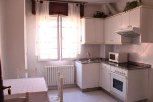 坎巴多斯塔伊娜公寓式酒店的厨房配有白色橱柜和微波炉