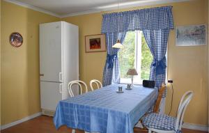 RönneshyttaAwesome Apartment In Rnneshytta With Kitchen的一张带蓝桌布和窗户的餐桌