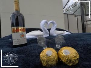 拉塔昆加Cotopaxglam的床上一瓶葡萄酒和两只天鹅
