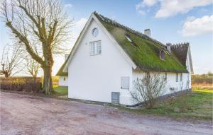 StaffanstorpStunning Home In Staffanstorp With Kitchen的泥路上的白色谷仓,有草屋顶