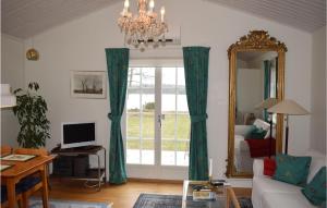 韦克舍Amazing Home In Vxj With Wifi的客厅配有绿色窗帘和镜子