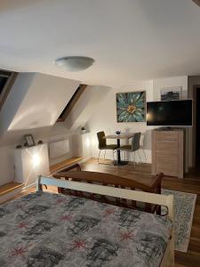 布拉索夫KronSoul的一间卧室配有一张床、一张桌子和一台电视。