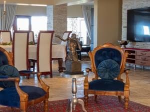 克尼斯纳Castle On The Heads的客厅配有椅子、雕像和电视