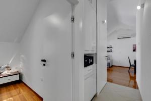 马卡尔斯卡Luxury City Center Apartments的白色的厨房拥有白色的墙壁和木地板