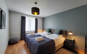 圣莫里茨Apartment Via Surpunt - Casa - 5 Rooms的一间卧室配有一张带蓝色毯子的大床