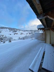 圣母贝莱克La Ferme des Georgières "Séjour en tout compris"的雪上盖着长凳的门廊