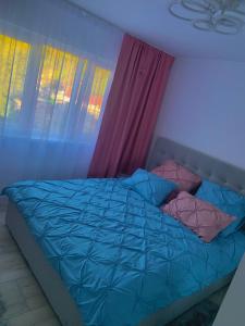 彼得罗沙尼Apartament Infinity Petroșani的窗户客房内的一张带蓝色棉被的床