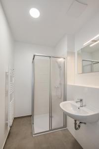 弗赖塔尔Hostel Am Windberg的带淋浴和盥洗盆的白色浴室