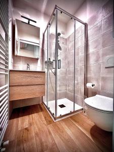 巴多利诺Welcome Traveller ATMOSPHERE APARTMENT的一间带玻璃淋浴和卫生间的浴室