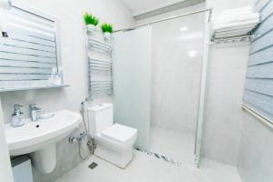 巴库Alfa Hotel的浴室配有卫生间、盥洗盆和淋浴。