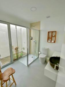 拉戈阿Sul Villas & Spa - Azores的一间带玻璃淋浴和卫生间的浴室