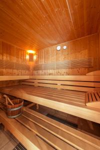 弗拉绍哈马汉旅馆的空的桑拿浴室设有木墙和木凳