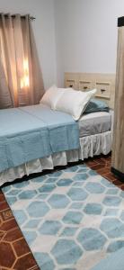科马亚瓜APARTAMENTOS CASCO HISTORICO COMAYAGUA的一间带两张床的卧室和蓝色地毯