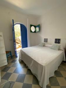 菲利库迪岛Le Sette Sorelle的卧室配有一张白色大床和蓝色门