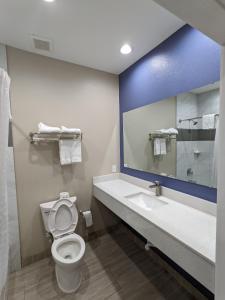 阿兰瑟斯帕斯Holiday Inn motel的一间带卫生间、水槽和镜子的浴室