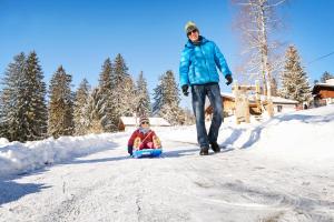 MontfauconReka-Feriendorf Montfaucon的把孩子拉到雪覆盖的道路上的人