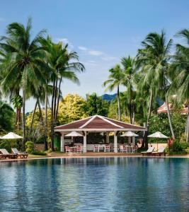 湄南海滩Santiburi Koh Samui的棕榈树度假村的游泳池和凉亭