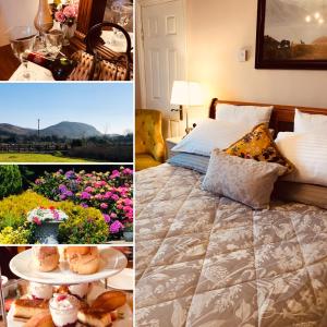 BoyhollaghHillcrest farmhouse Bed & Breakfast的一张带床和鲜花的卧室照片拼贴