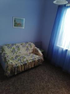 加格拉Дом под ключ的蓝色的房间里设有一张沙发,配有窗帘
