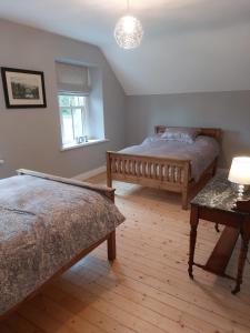 FlorencecourtDrumlaghy House的一间卧室配有两张床和一张带台灯的桌子