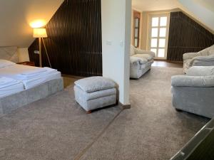 乌日霍罗德Eduard Hotel的一间卧室配有一张床、一张沙发和一把椅子
