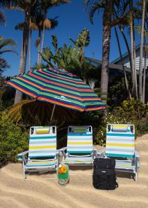 圣地亚哥Beautiful, Coastal Modern Point Loma Retreat的海滩上的两把椅子和一把遮阳伞